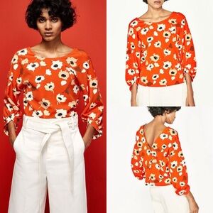 ZARA Floral Button-Back Blouse Poppy V-Back Boat Neck 3/4 Sleeve Top Size Medium